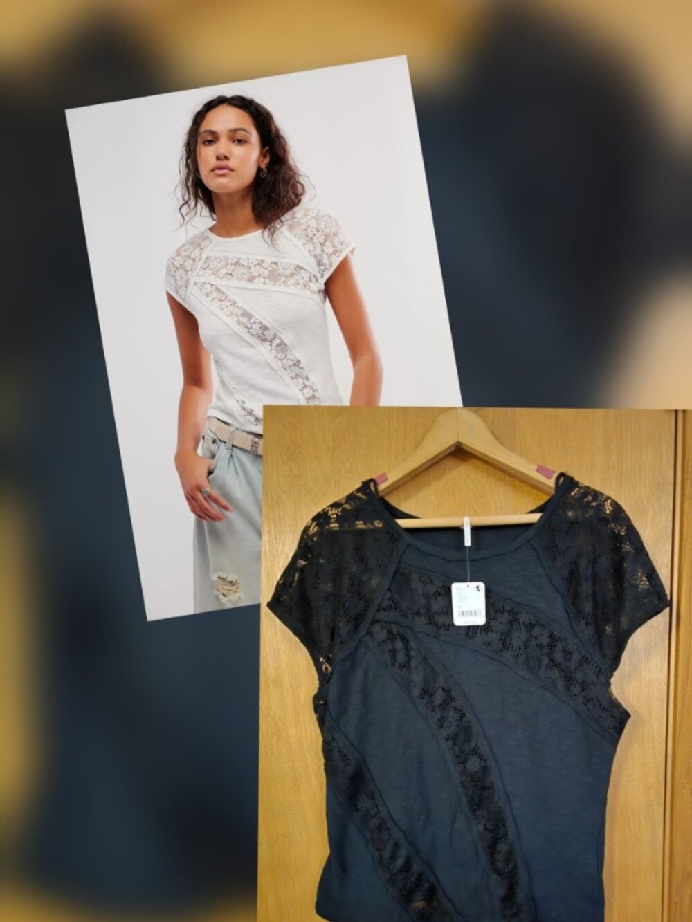 Free People Legends Only Tee Women's XL Black NWT Lace Inset